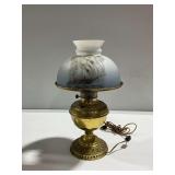 Electric Oil Lamp with Painted Glass Shade and Brass Finish Base...switch needs replacing
