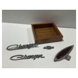 Vintage Automotive Emblems and Light with Wooden Box