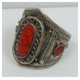 Tibetan Silver Cuff Bracelet with Red Stones