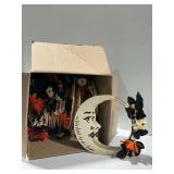 Wooden Crescent Moon and Faux Flowers Decor