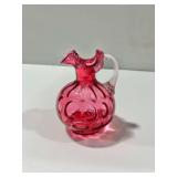 Cranberry Glass Pitcher with Coin Spot Pattern and Clear Applied Handle
