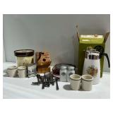 1970s Corning Ware Spice of Life Percolator, Knife Block, Flatware, and Other Kitchen Items