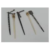 (4) Hand Carved Hair Sticks with Bone and Wood Elements