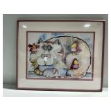 Don Nedobeck Framed Watercolor Print of Cat with Birds... Signed