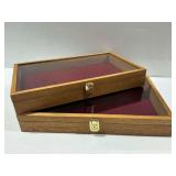 (2) Wooden Display Cases with Glass Lids and Red Velvet Linings