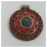 Round Tibetan Silver Pendant with Red Stones and Center Turquoise