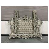 Ornately Carved King Size Wooden Bed Frame with Tufted Upholstery