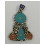 Tibetan Silver Inlaid Stone Pendant with Turquoise and Orange Material
