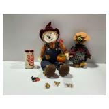 Seasonal Plush Scarecrow and Bear Figures with Halloween Pins