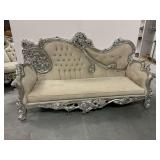 Carved Wooden Recamier Sofa with Upholstered Tufted Back...see description