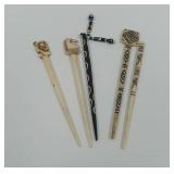 (5) Carved Hair Pins with Geometric and Animal Motifs