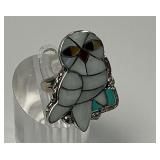 Sterling Silver Zuni Owl Inlay Ring, Size 7.25