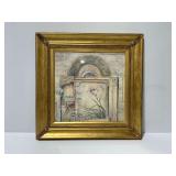 Architectural Floral Mixed Media Art in Wide Gilt Frame
