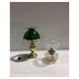 Electric Brass Lamp with Green Shade and Glass Oil Lamp... corded lamp does not work/needs rewiring