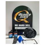 Quaker State Sign, Fram Motor Oil Bottles, Wigginton Voltage Tester, and Automotive Accessories