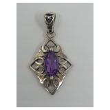 925 Sterling Silver Amethyst Marquise Pendant