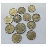 (10) Silver Roosevelt and Mercury Dimes, (1) Canadian Silver Dime and (1) Buffalo Nickel