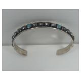 Sterling Silver Cuff Bracelet with Hematite Beads and Turquoise Inlays