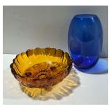 Amber Glass Bowl and Blue Glass Vase