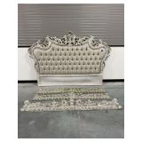 Ornate Tufted King Size Headboard with Carved Wooden Footboard and Rails