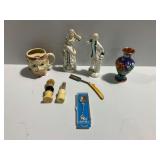 Vintage Decorative Lot with Figurines, Cloisonne Vase, and Shaving Implements