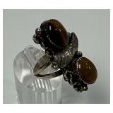 Sterling Silver Ring with Dual Tiger Eye Cabochons, Size 8