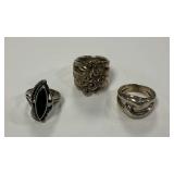 (3) Sterling Silver Rings Including Black Stone Ring