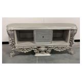 Ornate Silver Credenza with Carved Details and Drawers... knobs missing/has scratches and some damage... see photos or examine in person