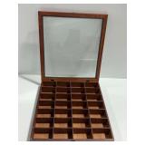Wooden Tabletop Display Case with Glass Door and Multiple Compartments