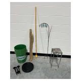 Garden Tools and Decor Lot with Plant Stand and Buckets