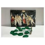 Framed Print Depicting Classical Figures in a Garden and Leaf Decorative