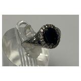 Sterling Silver Ring with Dark Center Stone and Halo, Size 6