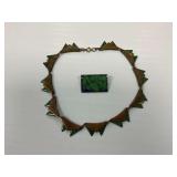 MCM Matisse Modernist Copper and Green Enamel Necklace and Matching Pin Set