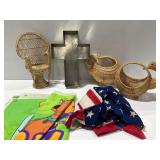 Wicker Baskets, Metal Cross, and Decorative Items
