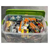 Large Plastic Storage Bin with LEGO Bricks and Instruction Manuals