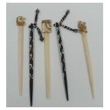 (5) Carved Hair Pins with Animal and Figural Motifs