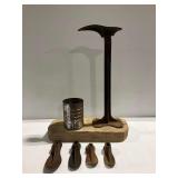 Cast Iron Shoe Last Stand with Four Lasts Mounted on Wooden Base