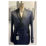 Ike Behar Navy Jacquard Double-Breasted Coat w/ Satin Lapel - Styles: E3F160C-37R / E3F160C-37RX Color: Navy