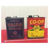 Two empty two gallon vintage motor oil tins