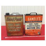 Two vintage 2 gallon  motor oil cans