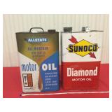 Two vintage 2 1/2 gallon motor oil cans