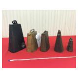 Five metal cowbells