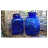 Two Cobalt Blue Glass Jars with Metal Closures