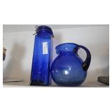 Blue Glass Storage Jar and Pitcher Set