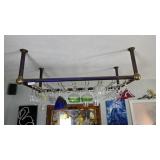 Brass Hanging Stemware Rack With Glasses