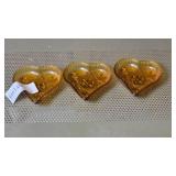 Three Amber Glass Heart Dishes