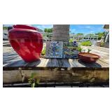 Red Ceramic Planter, Bowl, and Mosaic Tiles