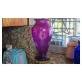 Purple Glass Vase with Etched Floral Design