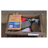 Wooden Box with Sewing Supplies and Mini Machine