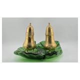 Green Glass Tray with Brass Shakers